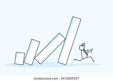 Geschäftsmann-Strichmännchen laufen weg vom kollabierenden Domino-Balken-Graph-Effekt. Vermeiden Sie Finanzkrise und Geschäftsketten-Gefahrenreaktion. Handgezeichnete Stil Vektorgrafik Doodle Illustration