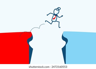 businessman stick figure character running and jump over hill cliffs gap. Business risk and success concept. jump from red ocean to blue ocean. hand drawn style vector doodle illustration