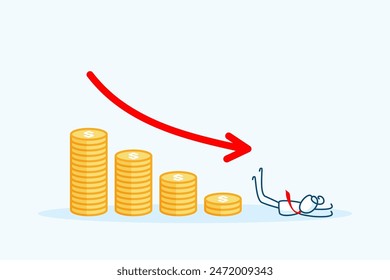 el personaje de la figura del palo del hombre de negocios resbala y cae de la pila de monedas. Fracaso de negocios, crisis económica, concepto de bancarrota, flecha negativa de la tabla hacia abajo. ilustración de garabato de Vector dibujado a mano