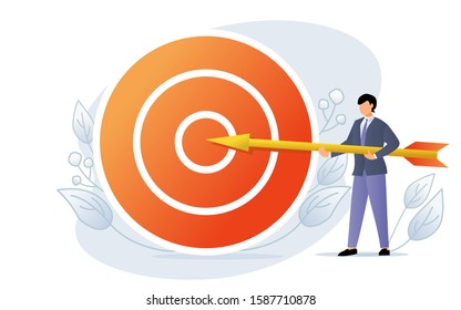 Businessman sticks an arrow at a big target. Goals and objectives, business grow and plan, goal setting concept. Internal marketing, company goals promotion, employee engagement concept.