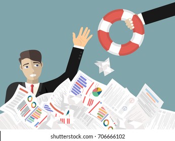 Businessman sticks out of a pile of papers. Another person is stretching a lifeline and wants to help. Helping Business to survive. Drowning businessman getting lifebuoy from another businessman