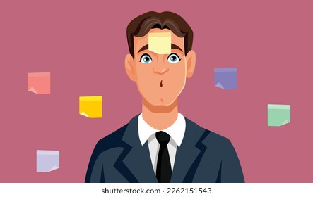 
Businessman with Sticky Note on his Forehead Vector Cartoon Illustration. Funny business manager forgetting very easy using reminders

