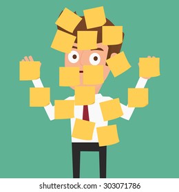 Businessman with sticky notes all over him. Post it. Cartoon vector Illustration.