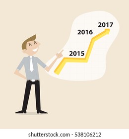 Businessman and stock market arrow presentation.Cheerful businessman with graph indicating increase. The concept of business success. Vector illustration