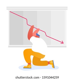 Businessman or Stock Market Trader Shocked about Red Arrow Diagram Going Down. Investor Lose Profit and Money Income. Trading Risks and Defaulted Economy Crisis Cartoon Flat Vector Illustration