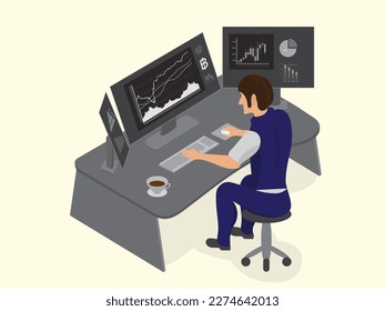 Businessman or stock market trader working at desk with three monitor showing data.