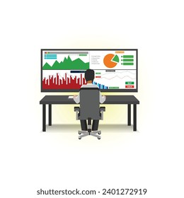 Businessman or stock market trader working at office desk with large big computer monitor showing online financial data analysis graph concept web design. looking Share market strategy graphics idea.