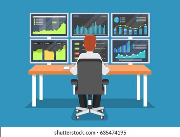 Businessman or stock market trader working at desk with six monitor showing data.
