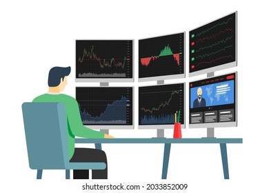 Operador de bolsa de negocios en el lugar de trabajo, mirando múltiples pantallas de computadora con gráficos, diagramas y gráficos financieros. Concepto de análisis de índices de negocio. Pasos de múltiples monitores de intercambio de intermediarios