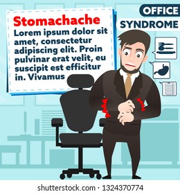 businessman stomachache vector ,Office syndrome infographic, office man have a stomachache,business person feeling pain in paunch,syndrome infographic from office work with copy space for text.