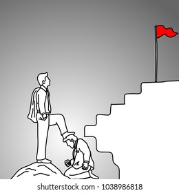 businessman stomping on the head of his colleague for his own success vector illustration doodle sketch hand drawn with black lines isolated on gray background. Business concept. 