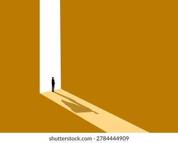 businessman stood at the doorway, seeing the shadow of a hero within him