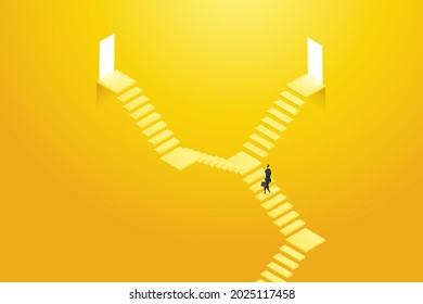 Businessman stood in front of two steps leading up to a door that was lit on both floors in opposite directions. It's a challenge to progress. and career growth. Vector illustration.
