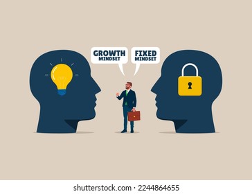 Businessman stood in the middle of two thoughts. Comparison between fixed mindset vs growth mindset. Modern flat vector illustration.