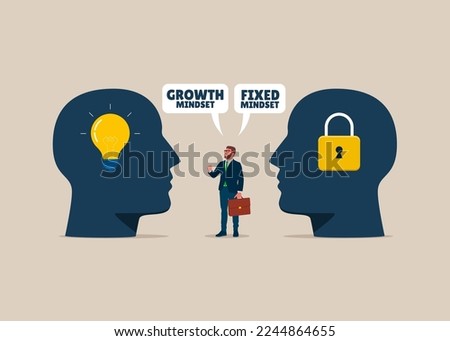 Businessman stood in the middle of two thoughts. Comparison between fixed mindset vs growth mindset. Modern flat vector illustration.