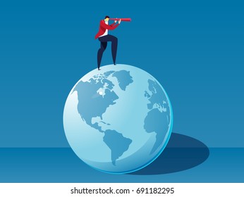 The businessman stood on the earth with a telescope to explore the distance
