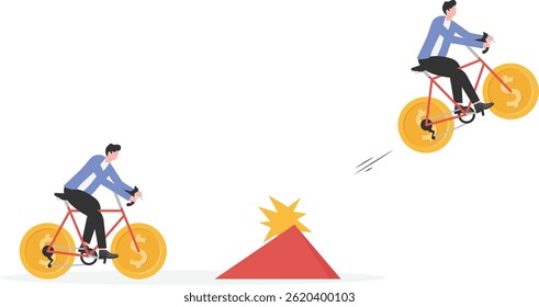 The businessman stood on the rolling gold coins and rolled and hit the obstacles to get faster forward speed and fly to the sky.

