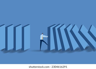 Businessman stop deal domino concept.Symbol of crisis, risk, management, leadership and determination.vector illustration.