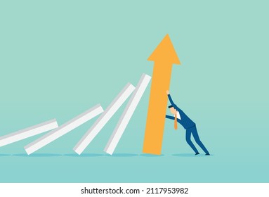 Businessman stop the domino effect, falling down, business bankruptcy or crisis, risk and finding solution metaphor, Vector illustration design concept in flat style