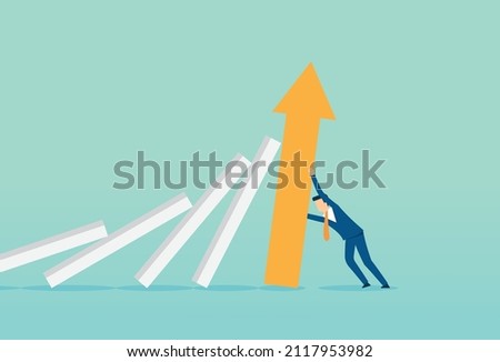 Businessman stop the domino effect, falling down, business bankruptcy or crisis, risk and finding solution metaphor, Vector illustration design concept in flat style