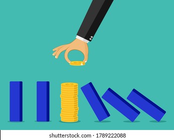 Businessman stop domino falling with coin money stack. Business Management Stopping Impact of Dominoes