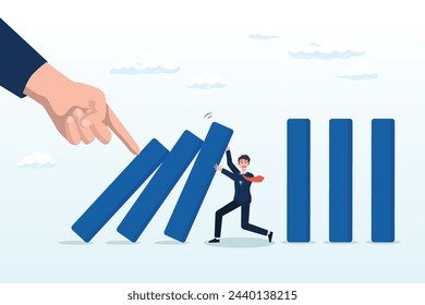 Businessman stop risk of domino effect from threats and disaster, risk management, control danger, lost or damage from crisis or accident, management and investment strategy, assessment level (Vector)