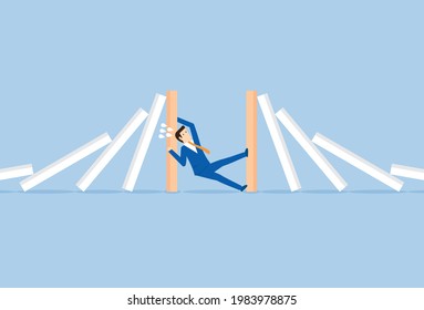 Businessman stop two ways domino effect, Vector illustration in flat style