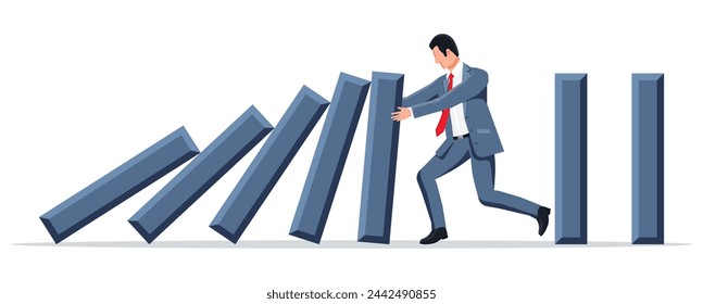 Businessman stopping domino effect. Business man stops falling dominoes. Finishing chain reaction. Successful intervention, solution. Cartoon flat vector illustration