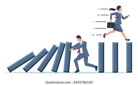 Businessman stopping domino effect. Business man stops falling dominoes. Finishing chain reaction. Successful intervention, solution. Cartoon flat vector illustration