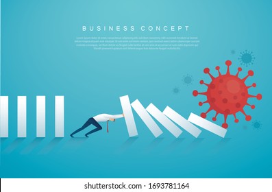 businessman stopping the domino effect from Coronavirus  (COVID-19) vector illustration, EPS10.