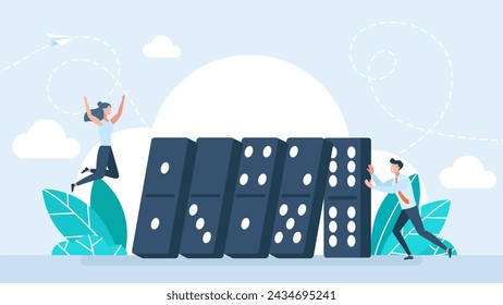 Businessman stopping the domino effect. Man stopping domino effect. Crisis management, chain reaction, finance intervention conflict prevention concept. Vector illustration