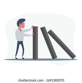 Businessman stopping falling domino - concept. Symbol of crisis, risk, management, leadership and determination. vector illustration.