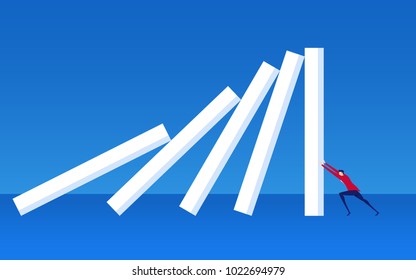 Businessman stopping falling domino effect is nearly approached to him. Business crisis concept. Cartoon Vector Illustration