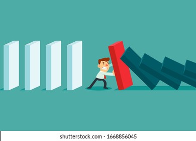 Businessman stopping falling domino effect. Crisis management business concept.