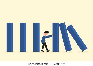 Businessman stopping falling domino. A risky business and a leader who is committed to keeping the business from failing. Business Concept. Vector illustration