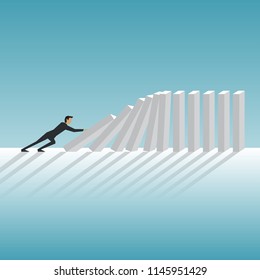 Businessman stopping falling domino vector concept. Symbol of crisis, risk, management, leadership and determination. Eps10 vector illustration.