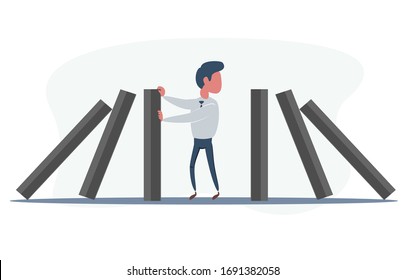 Businessman stopping falling domino vector concept. Symbol of crisis, risk, management, leadership and determination. vector illustration.