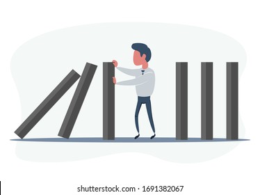 Businessman stopping falling domino vector concept. Symbol of crisis, risk, management, leadership and determination. vector illustration.