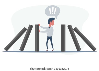 Businessman stopping falling domino vector concept. Symbol of crisis, risk, management, leadership and determination. vector illustration.