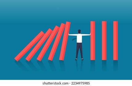 Businessman stopping falling dominos illustration, Risk and crisis management concept