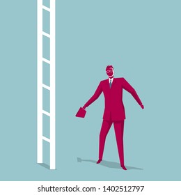 Businessman stops before the ladder. Isolated on blue background.