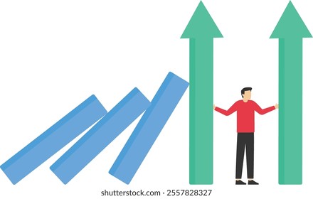 Businessman stops falling of domino, stopping domino effect, chain reaction business solution, successful intervention , Vector illustration design concept in flat style