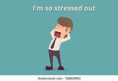 Businessman strain very headache on office table work hard.cartoon of business success is the concept of the man characters business, the mood of people,background, infographic. illustration vector