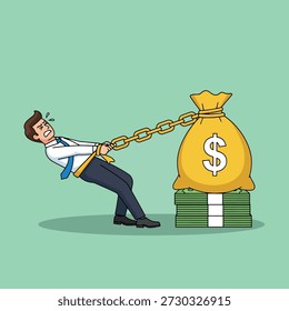 A businessman is straining to pull a large money bag tied with a chain, symbolizing financial burden or debt.
