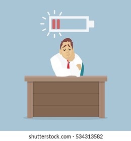 Businessman and stranded low battery of the work. Employee sit on the table, sad and exhausted.
