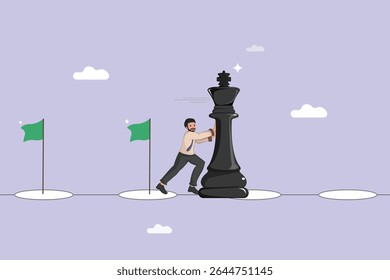 Businessman Strategically Moving a Large Chess King Piece Towards Distant Green Flags, Symbolizing Business Strategy and Planning.