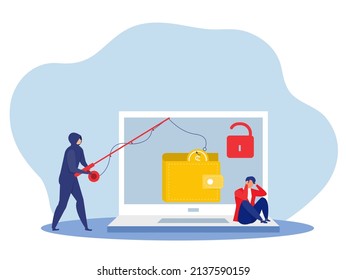 Businessman stress after Cyber hacker thief stealing money from online wallet. Vector illustration in flat cartoon style.