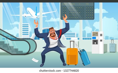 Businessman in Stress, Angry Because of Late on Plane, Missing Baggage After Arrival in Airport Cartoon Vector Illustration. Difficulties in Business Trip, Problems Because Due to Lack of Time Concept