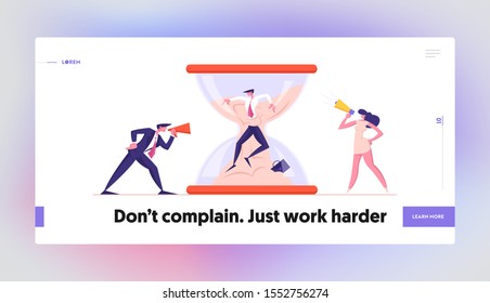 Businessman in Stress Deadline Situation Website Landing Page. Angry Boss Yelling to Megaphone at Office Employee Stuck in Hourglass Sinking in Sand Web Page Banner. Cartoon Flat Vector Illustration