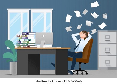 Businessman stress at the desk by a lot of work. Flat vector illustration design of employee character with stack of paper working very hard with the personal computer.